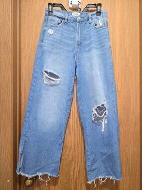 Kensie Jeans True Vintage Distressed Wide Leg Side Slit Raw Hem Jeans Size 2